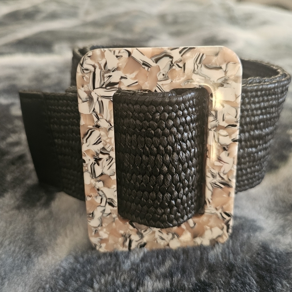 Womens Confetti Resin Buckle Stretch Straw Belt - A New Day Black L